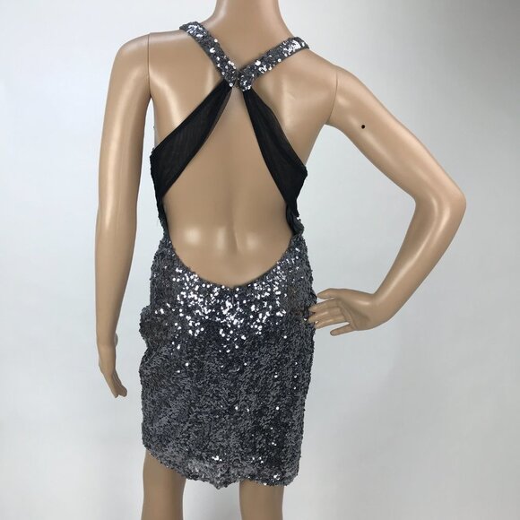 FAVIANA COUTURE‎ SILVER SEQUIN MINI DRESS STRAPLESS V-NECK BODYCON WOMEN'S 8 - Picture 4 of 7